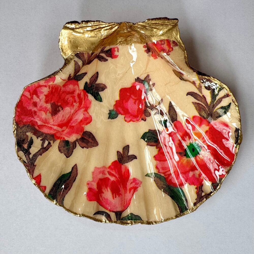 Vintage Pink Rose Floral Seashell Trinket Dish - Picture 4 of 6
